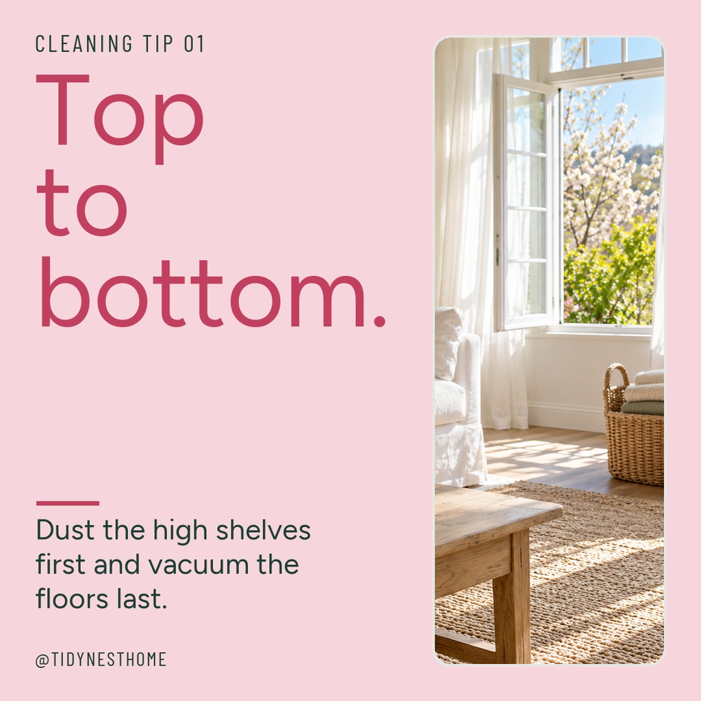 Pink square post with spring cleaning tip text and a bright room photo by an open window.