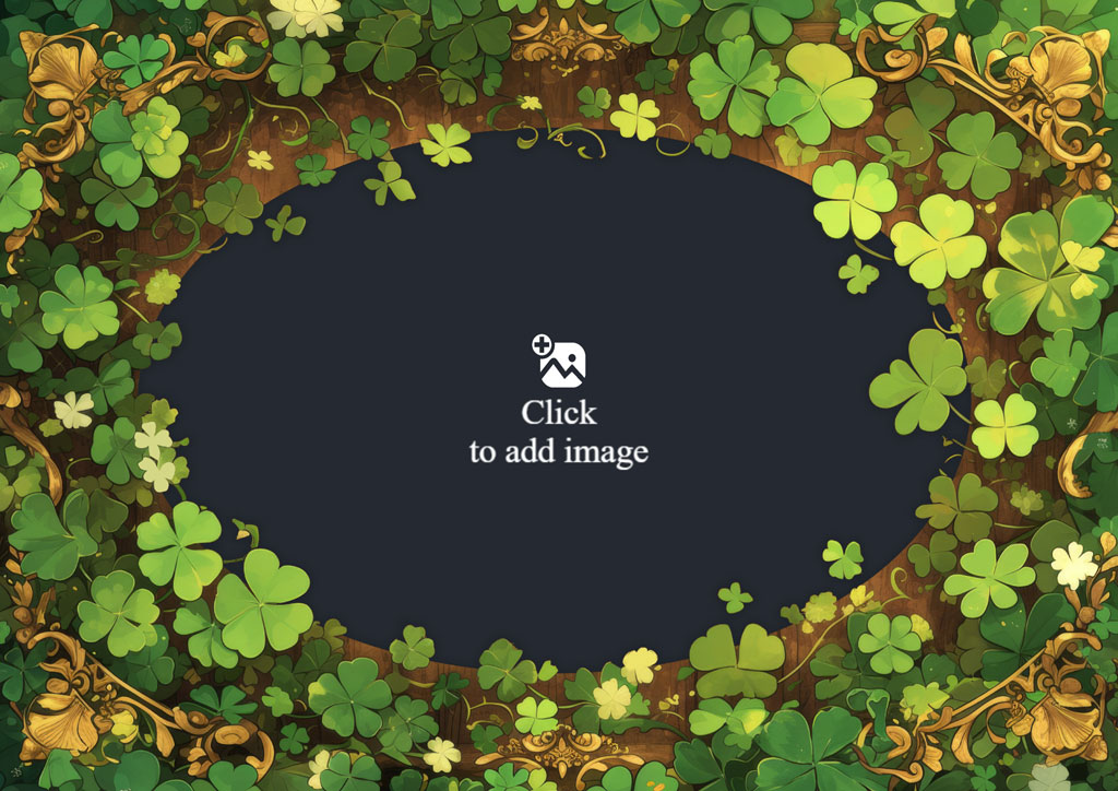 A decorative shamrock frame with golden ornaments and a dark blue center