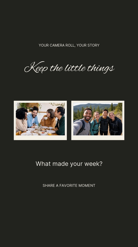 Dark warm-toned Instagram story template with two framed photos and text prompts about favorite moments.