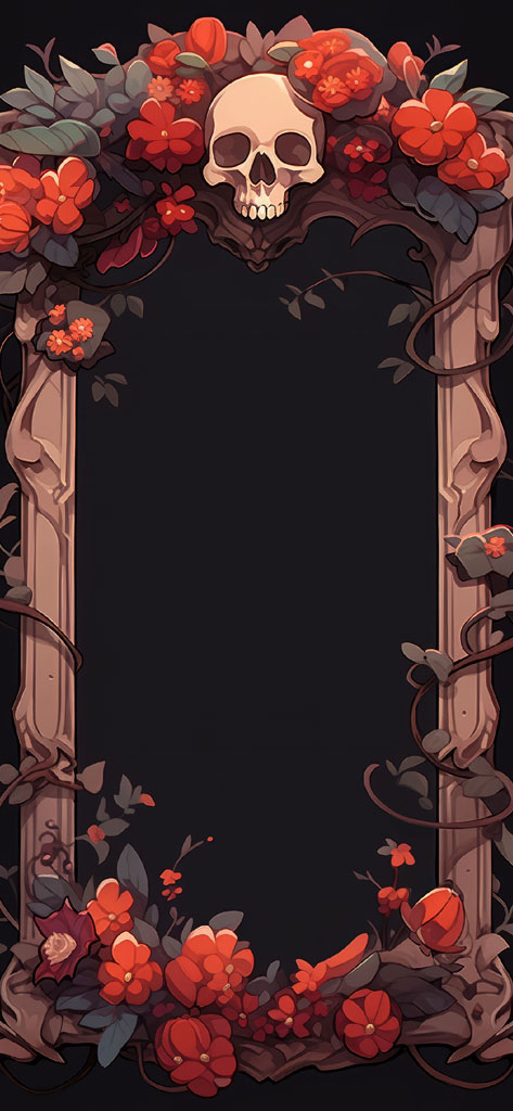 An ornate frame with red flowers and a skull at the top on a black background