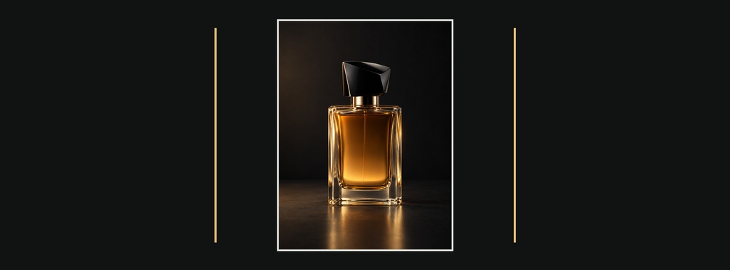 Elegant perfume bottle centered on a black and gold Facebook cover design