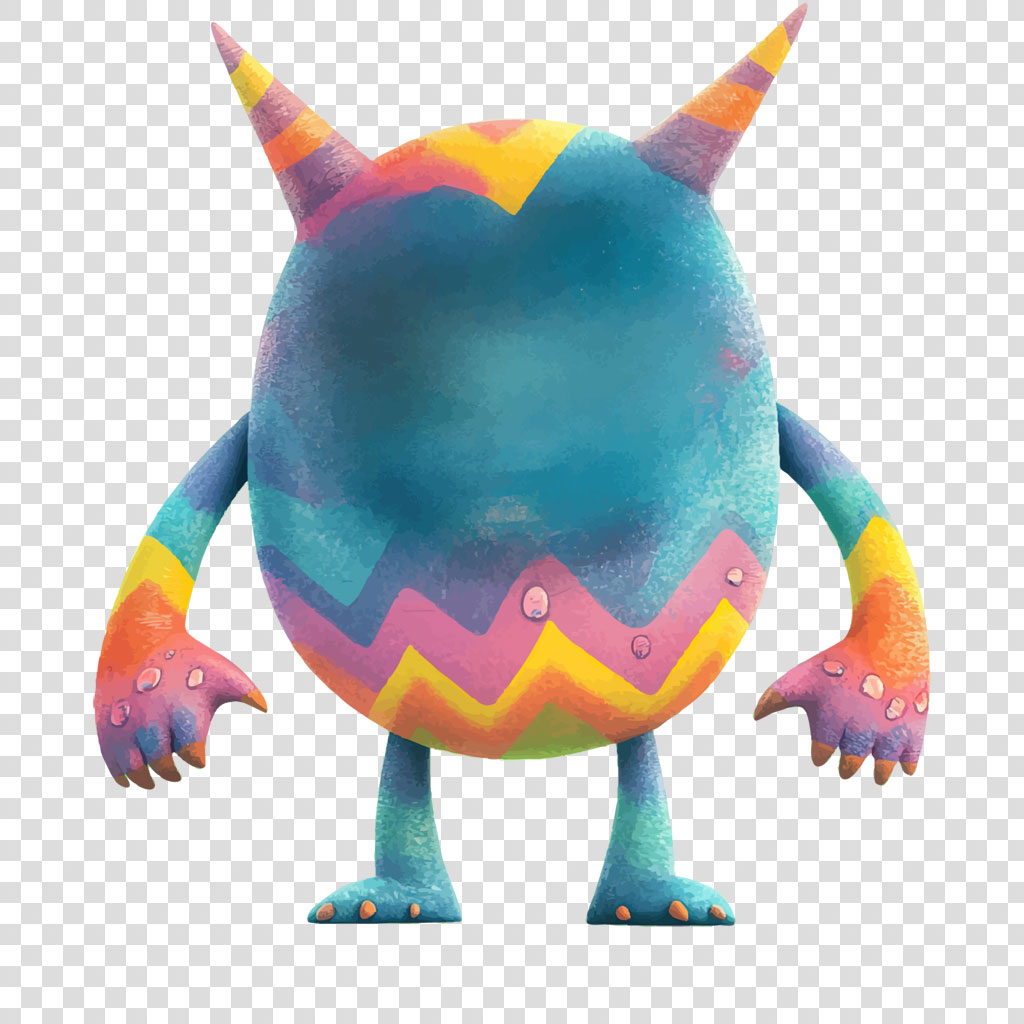 A cartoon monster with a round blue body, two horns, and multicolored arms and legs.