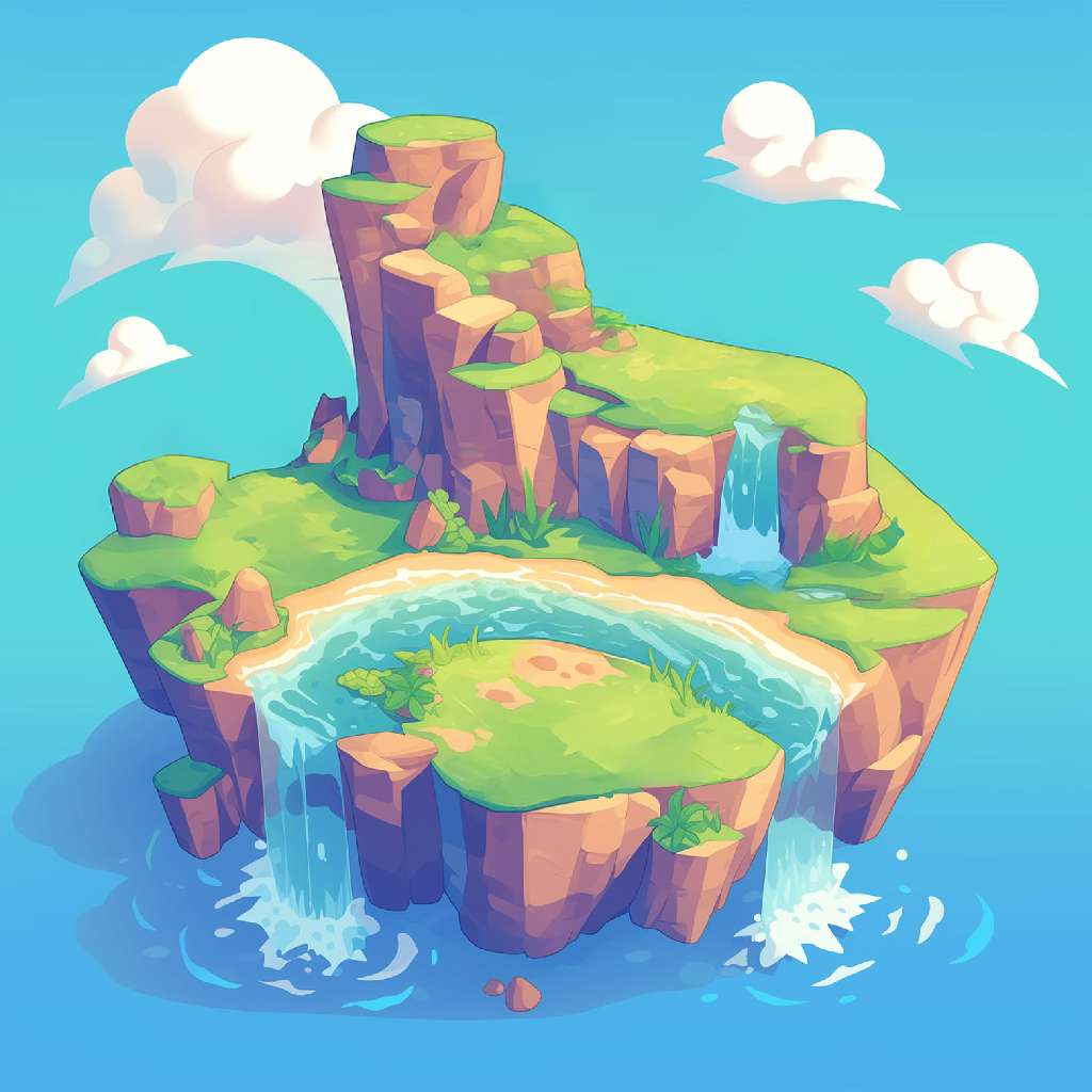 A cartoon illustration of a floating island with greenery and waterfalls.