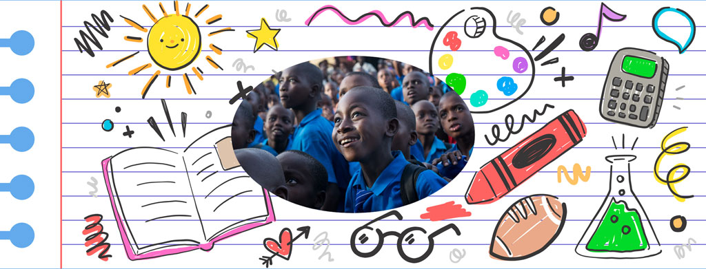 A collage of educational supplies and a group of students