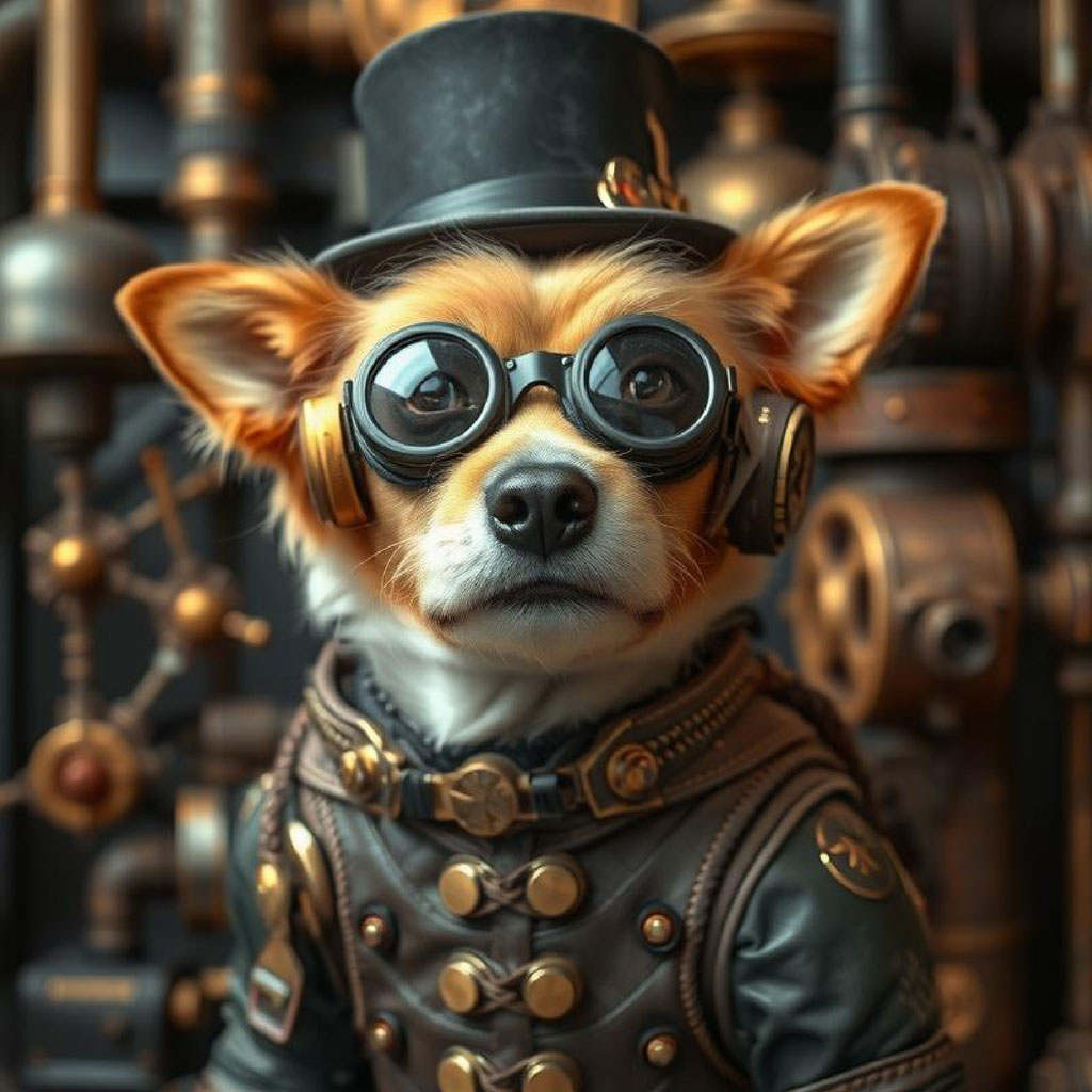 A dog wearing a top hat and goggles in front of an industrial setting