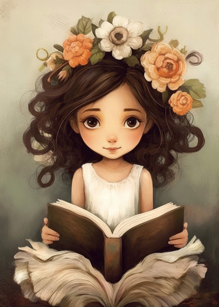 A girl with curly hair and a floral crown reading a large book