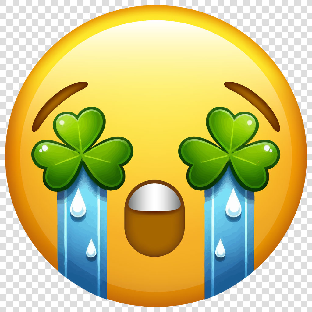 Crying shamrock emoji face with green shamrock eyes and blue tears