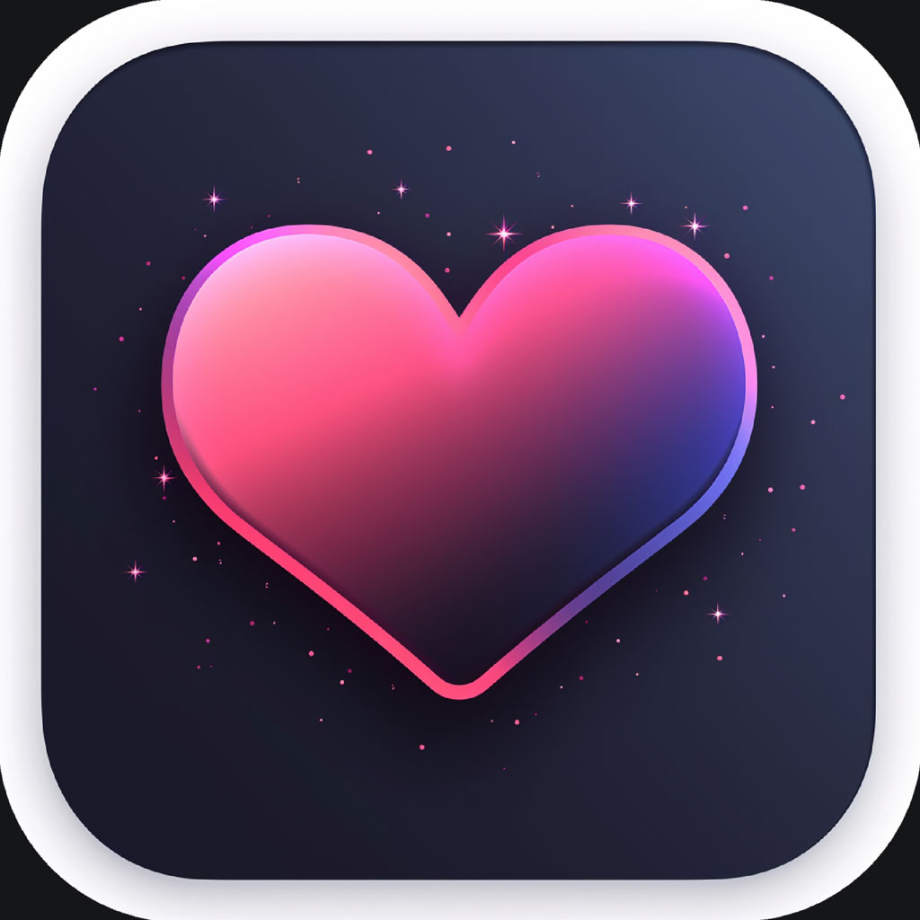 Pink heart icon with a gradient effect and a starry background.