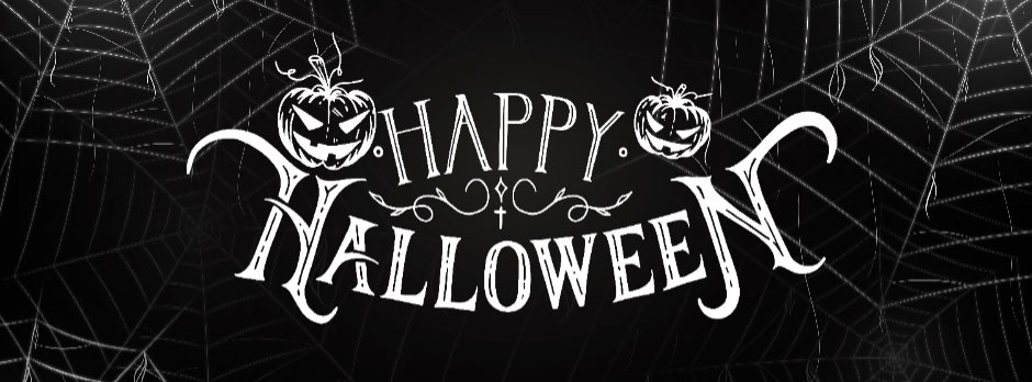 Happy Halloween text with jack-o'-lanterns and spider webs
