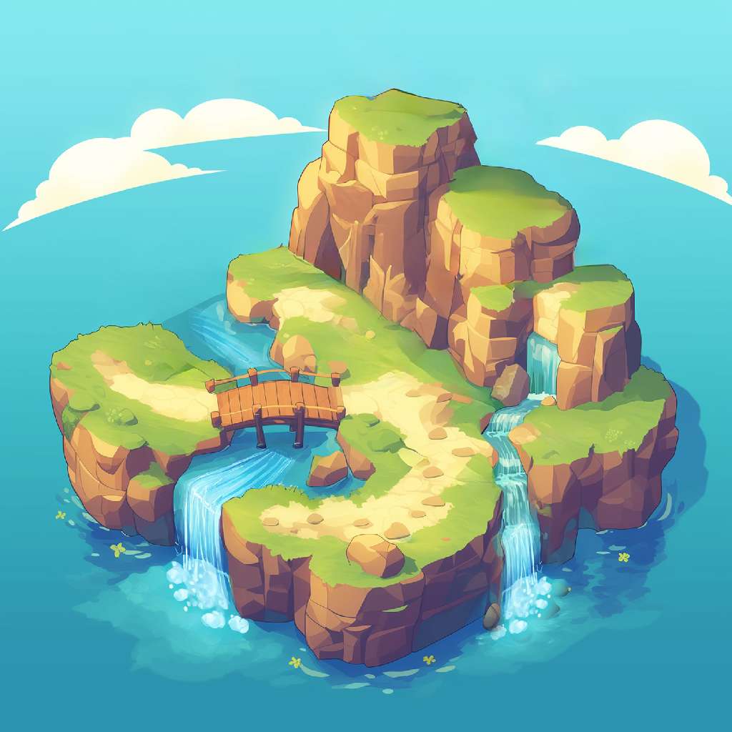 A cartoon island with a bridge and waterfalls