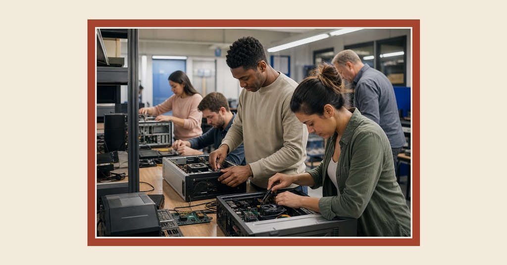 People repairing electronics together in a community workshop room