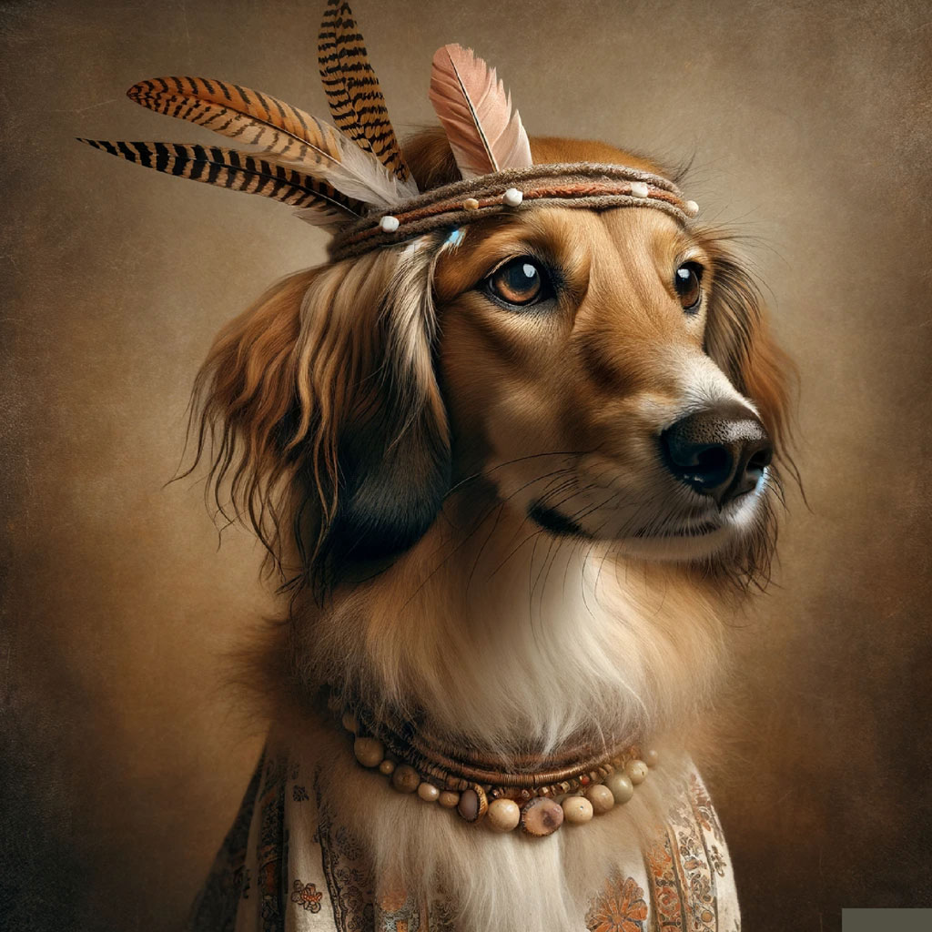 A dog wearing a feathered headdress and beaded necklace.