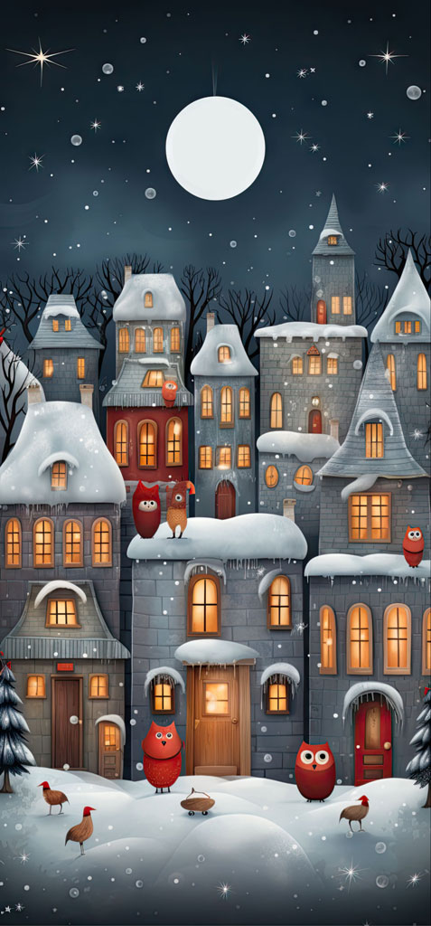 A whimsical winter village with cartoon owls and birds in front of snow-covered houses under a full moon.