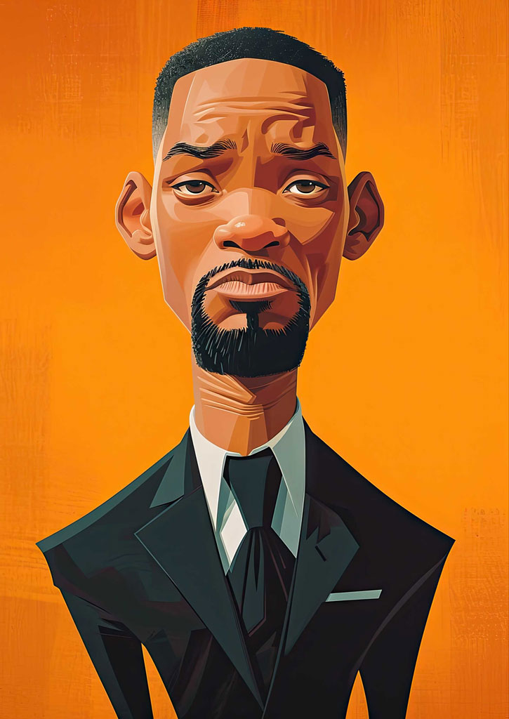 Illustration of Will Smith in a black suit and tie
