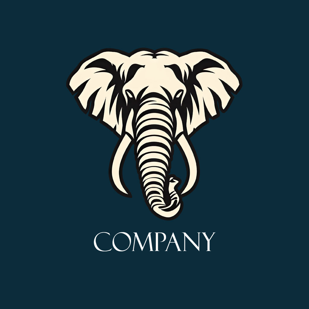 Stylized elephant head logo on a dark blue background