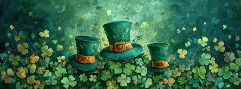 Three green top hats with gold buckles surrounded by shamrocks