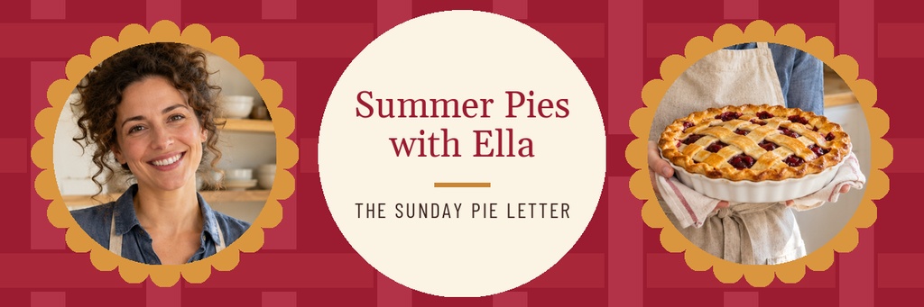 Baking banner with a smiling woman, a pie on cloth, and the text Summer Pies with Ella.