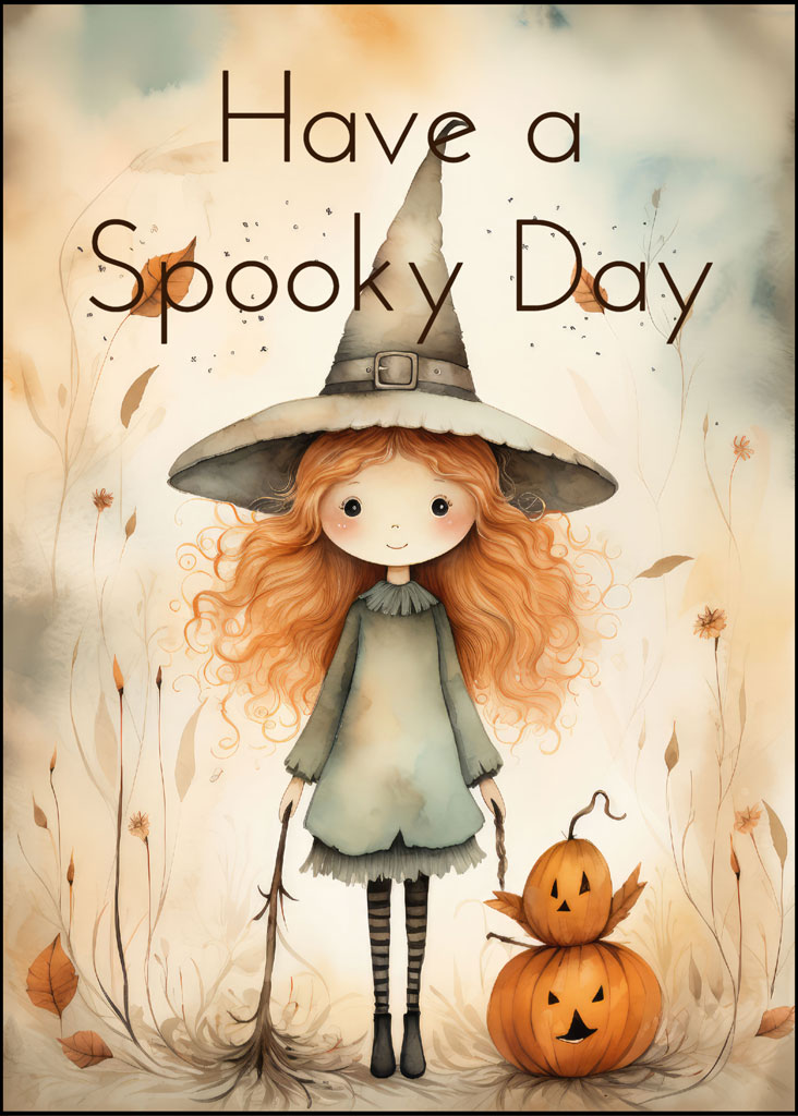Illustration of a girl in a witch hat with pumpkins