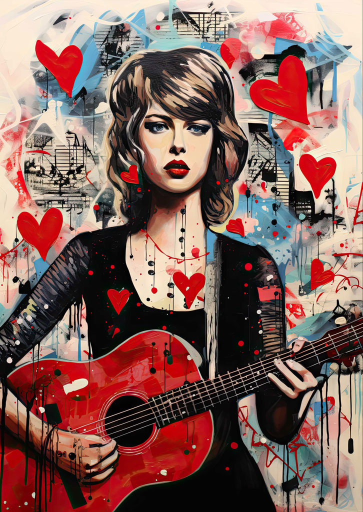 Digital art of Taylor Swift holding a red guitar with hearts and abstract background