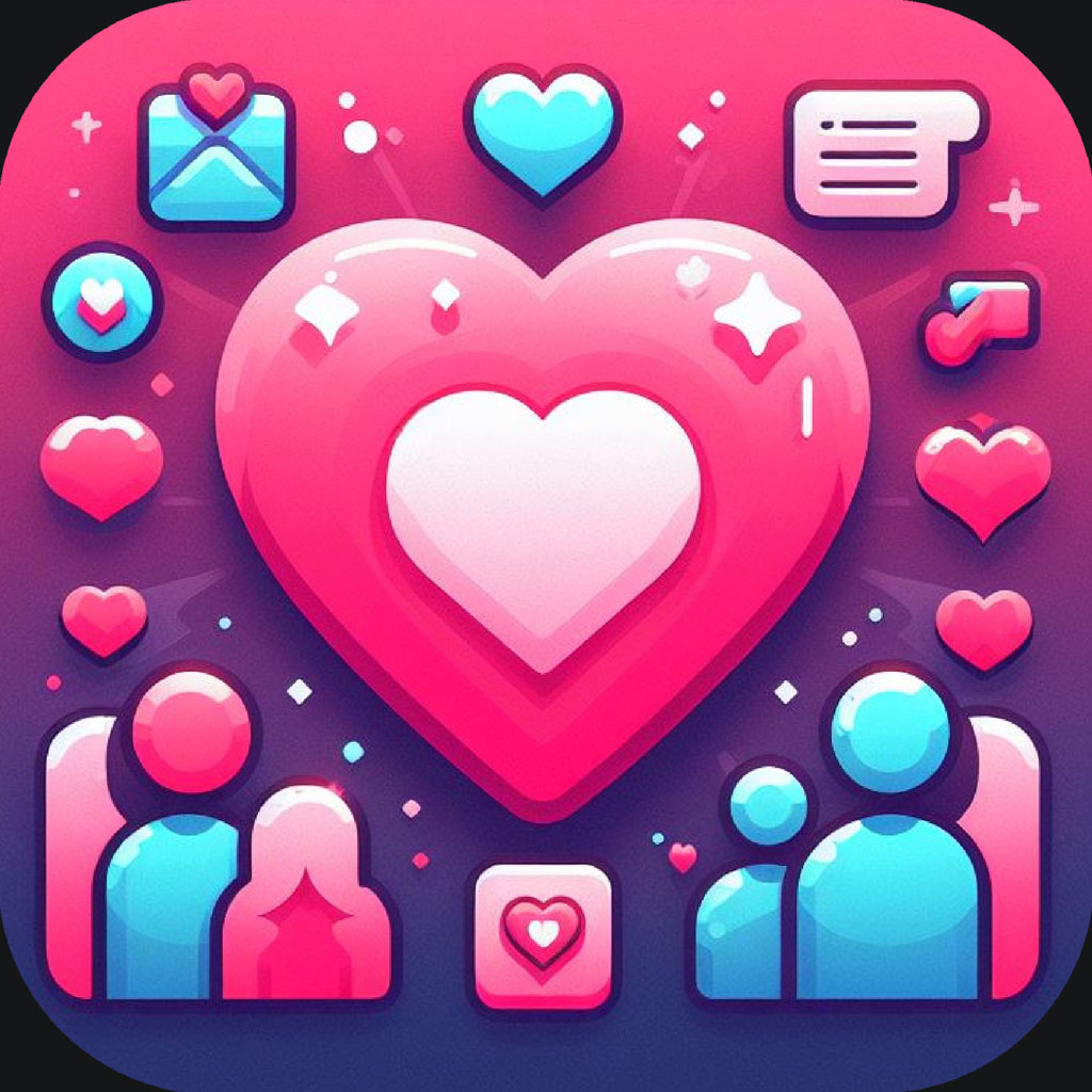 A large pink heart icon surrounded by smaller hearts and social media elements.