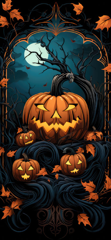 Illustration of a large pumpkin with a carved face surrounded by smaller pumpkins and autumn leaves.