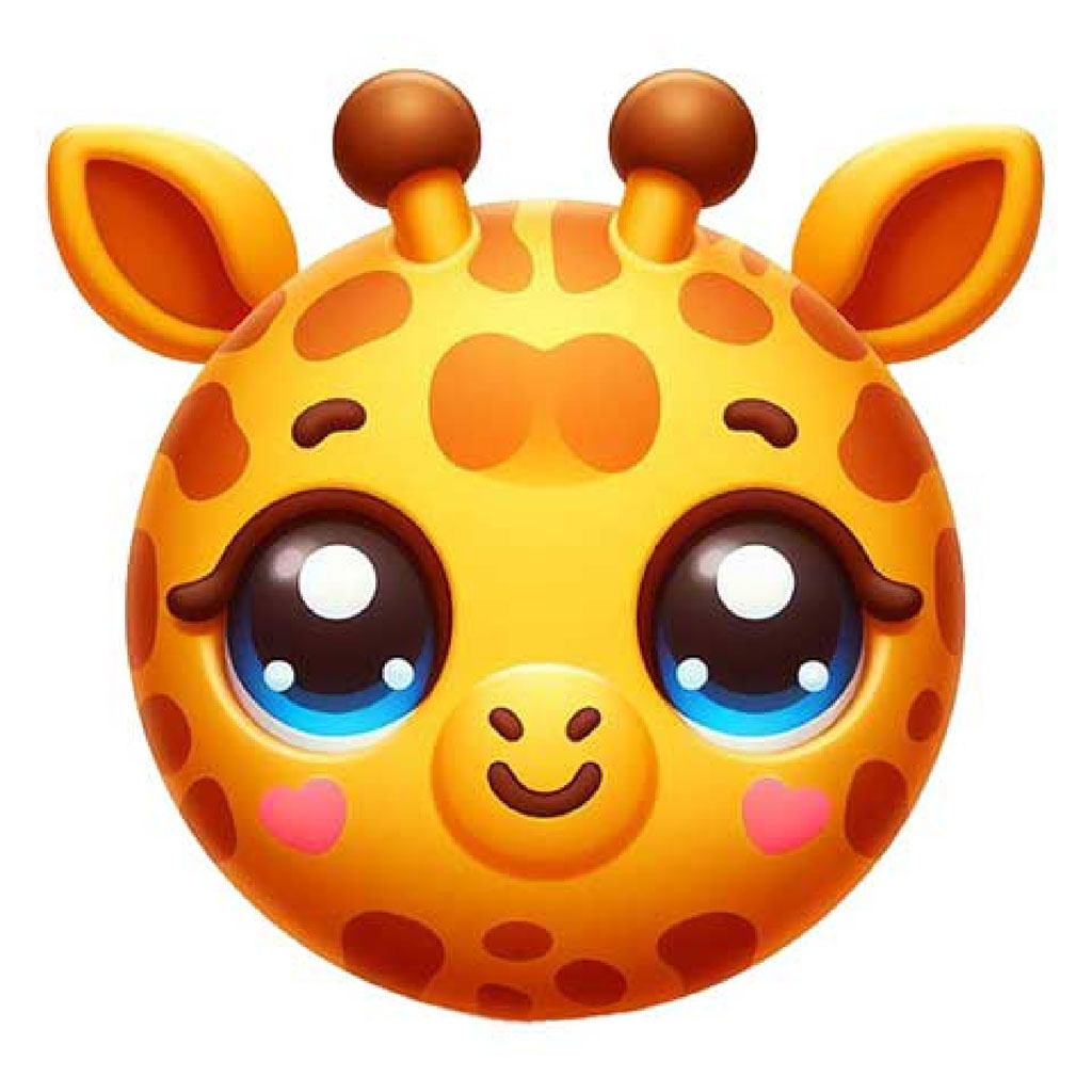 A 3D cartoon giraffe head with orange spots and large red eyes.