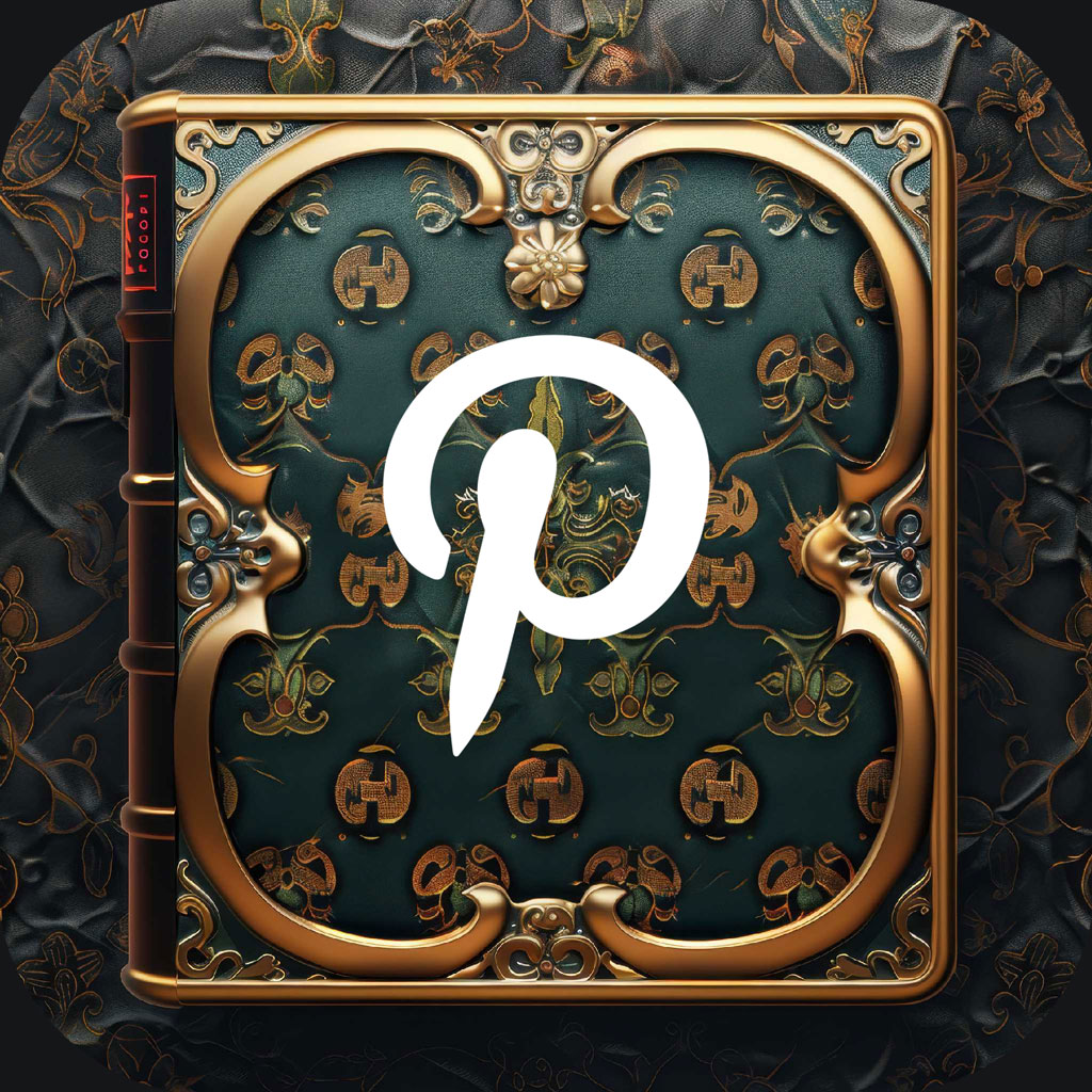 Pinterest logo in a decorative gold frame