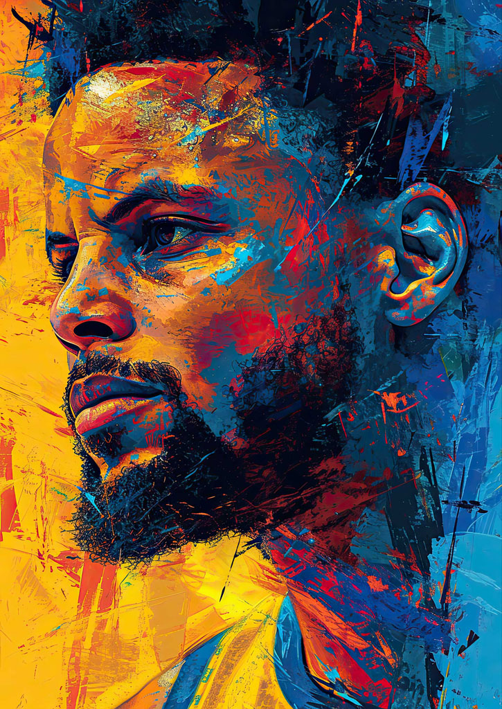 A close-up, abstract portrait of a bearded man with a mix of yellow, blue, and red colors.