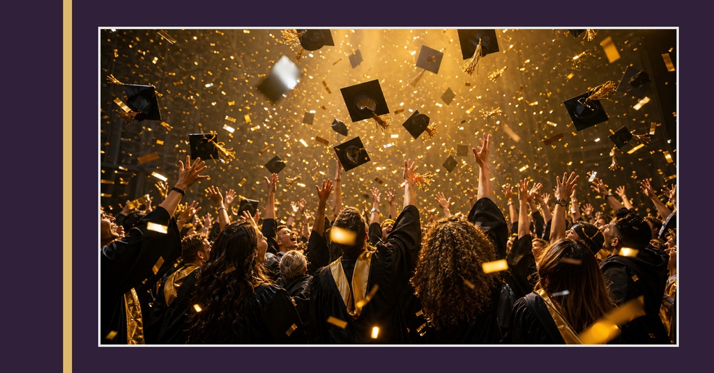 Graduates cheering under gold confetti on a plum and gold event cover background