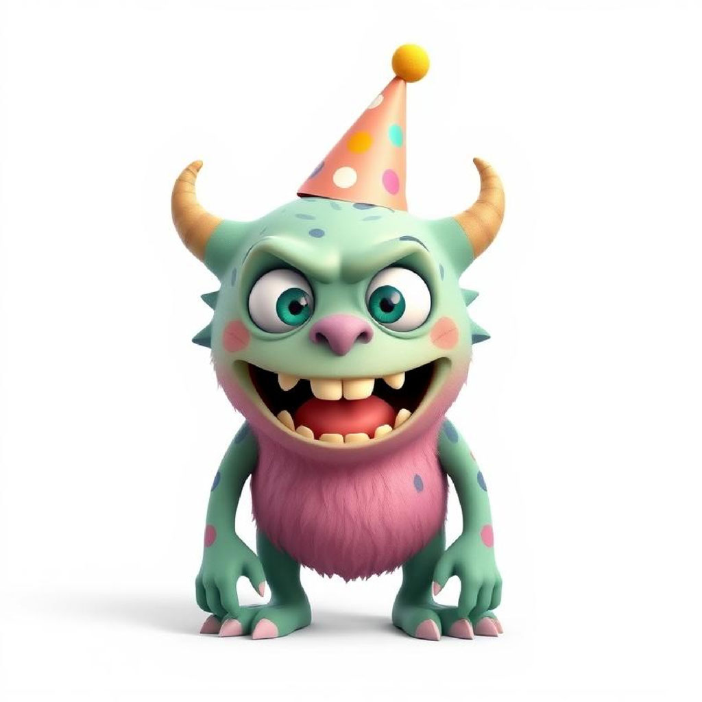 A 3D cartoon monster with green skin, pink belly, and a party hat.