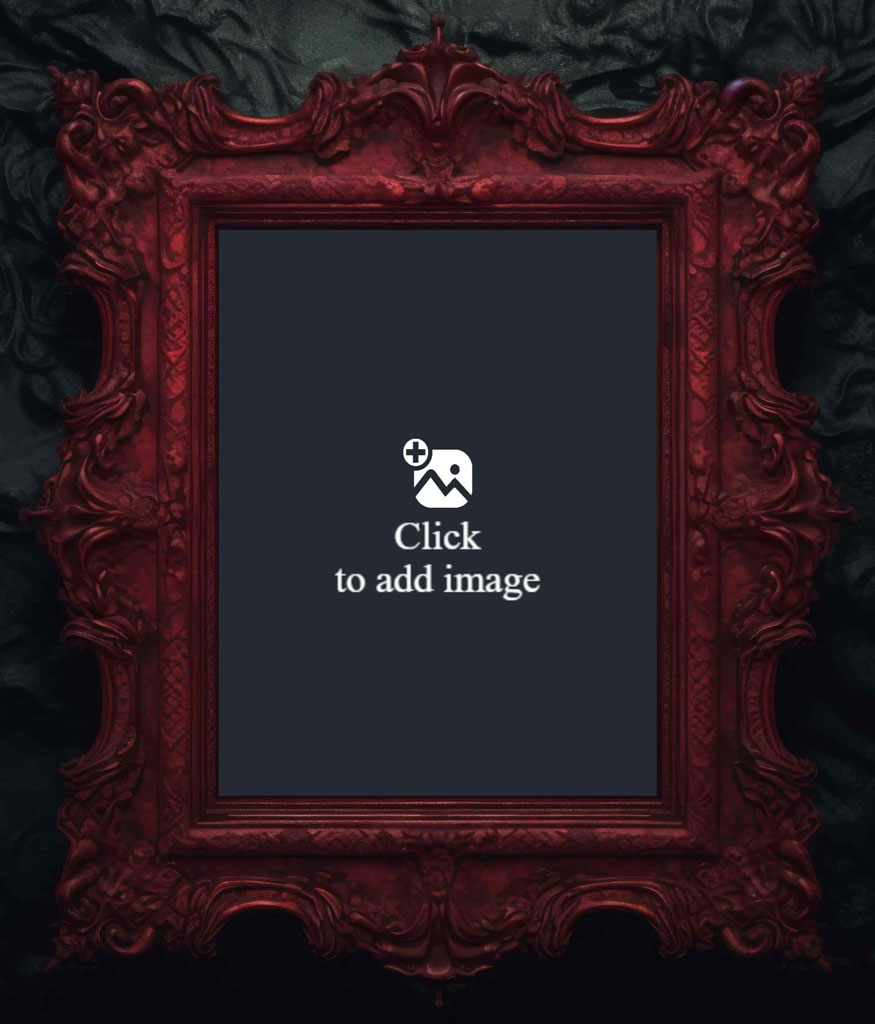 Ornate red picture frame with a dark background