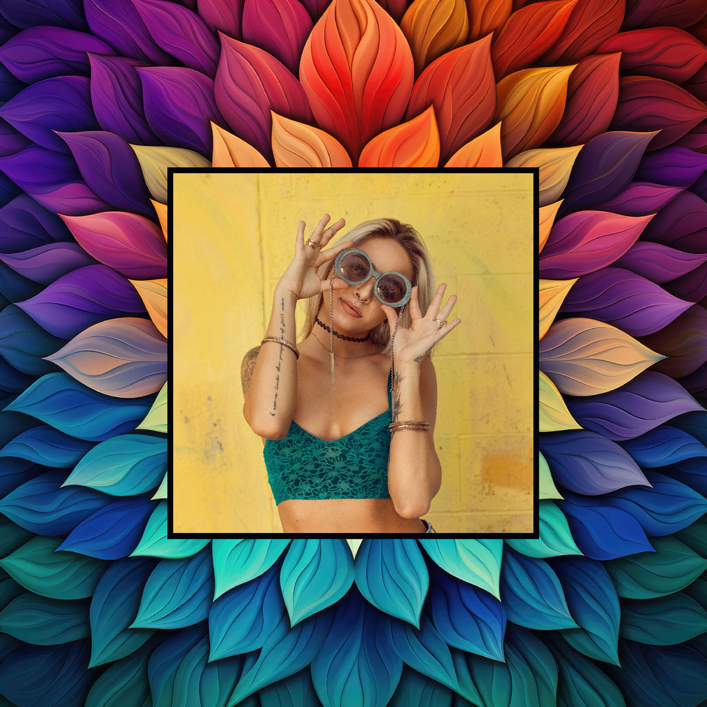 Woman in green top and sunglasses against a yellow background, surrounded by a vibrant floral pattern