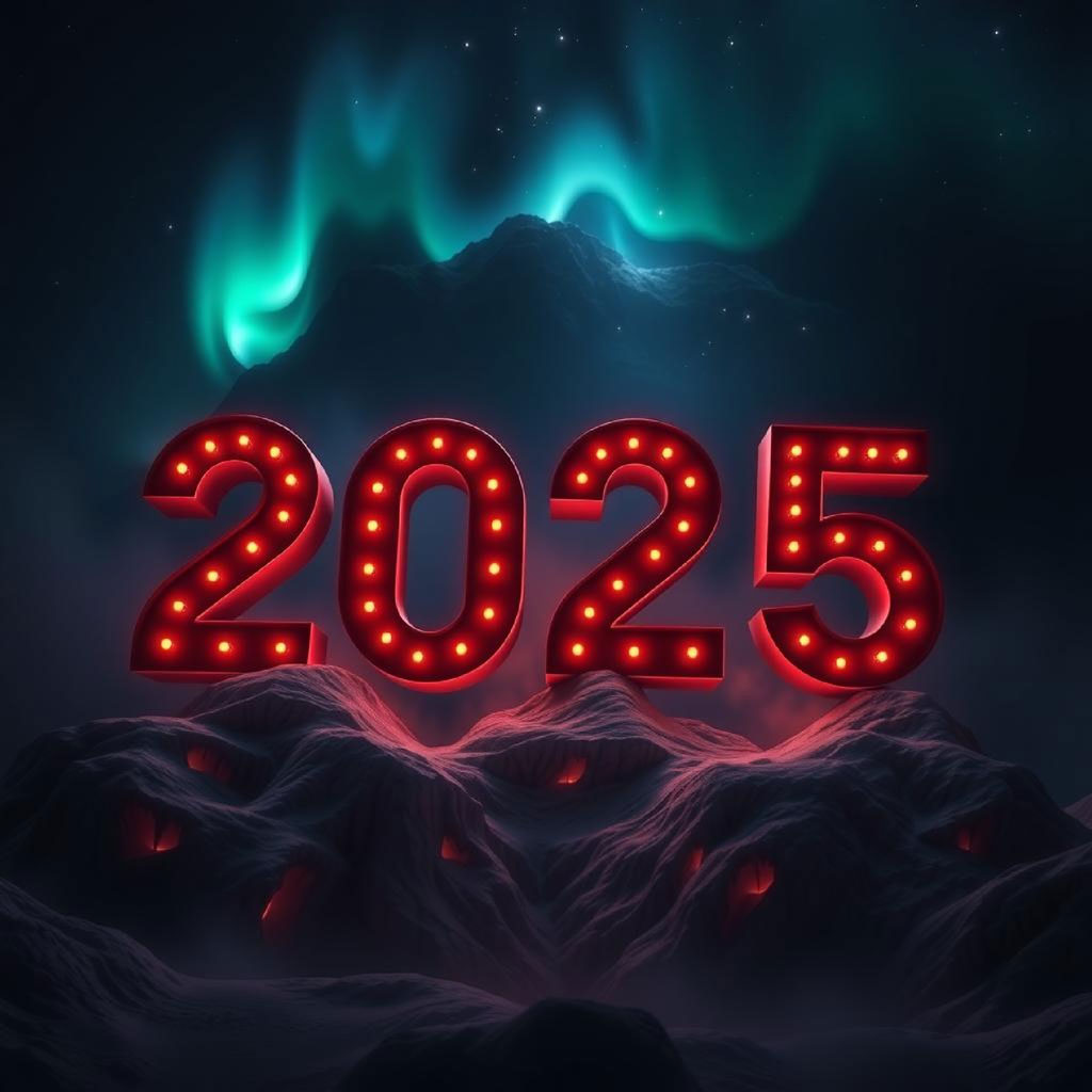 2025 written in neon lights against a mountainous landscape with aurora borealis