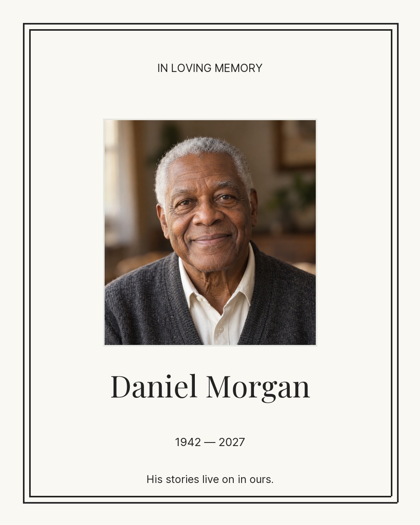 A memorial portrait template with a centered photo, name, dates, and an in loving memory heading.