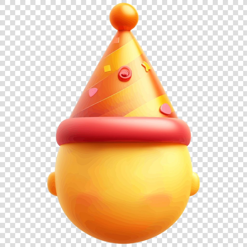 A yellow character with a party hat on its head