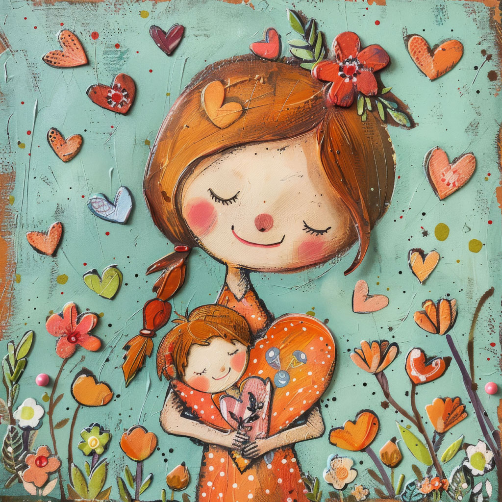 Illustration of a smiling mother with a child holding a heart, surrounded by floating hearts and flowers