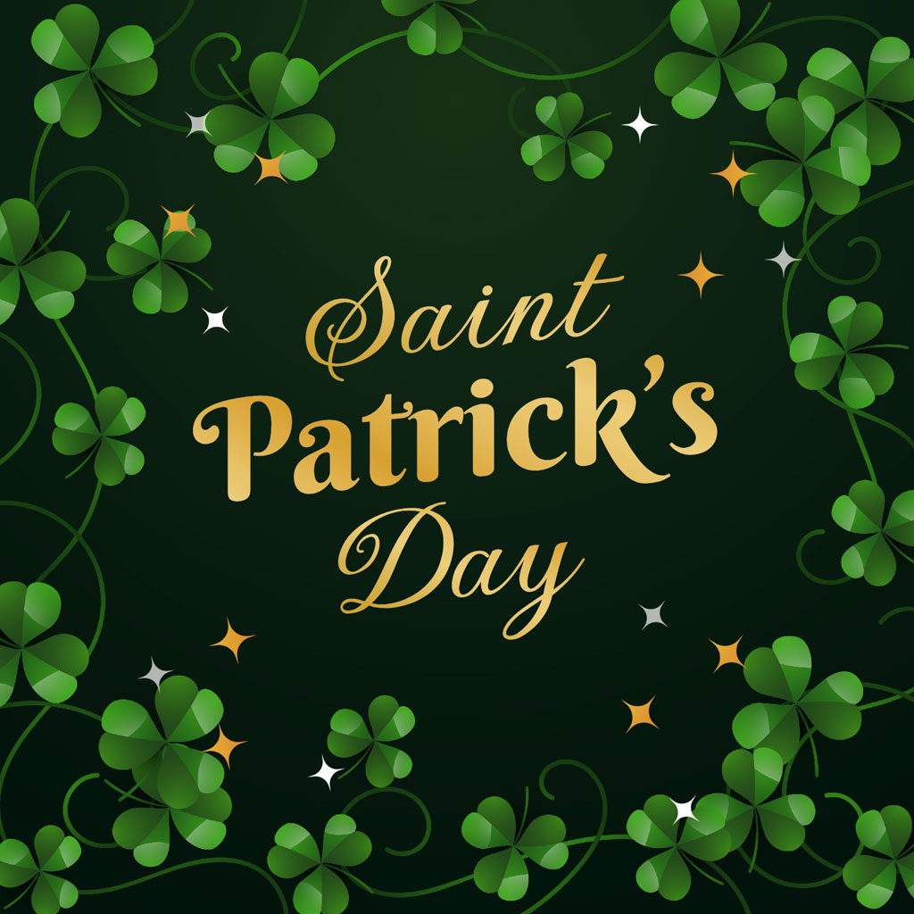 Saint Patrick's Day graphic with shamrocks and stars