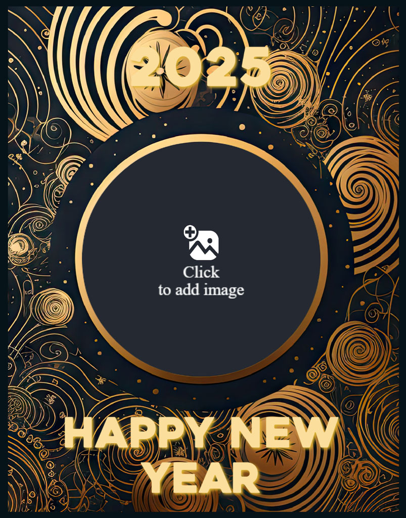 Happy New Year 2025 greeting card with gold and black theme