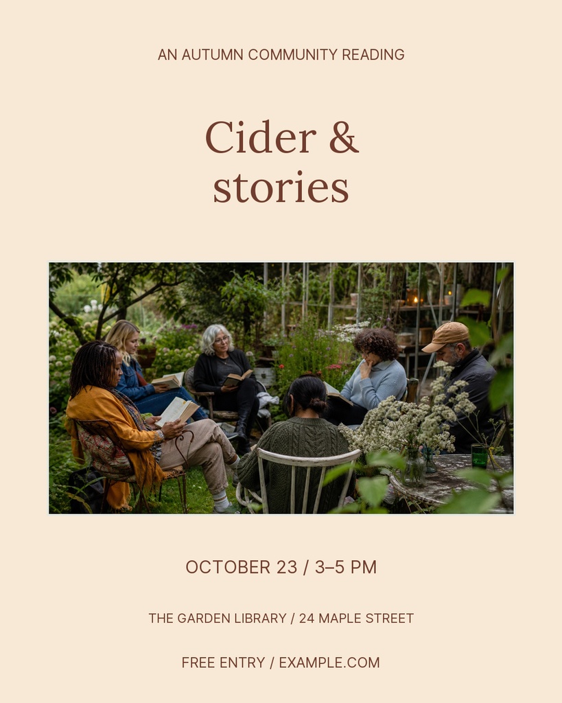 Portrait event poster with title Cider & Stories and a photo of people reading in a garden.