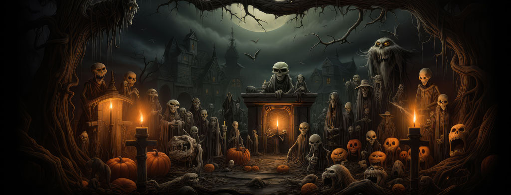 A dark forest filled with skeletons and pumpkins on Halloween night