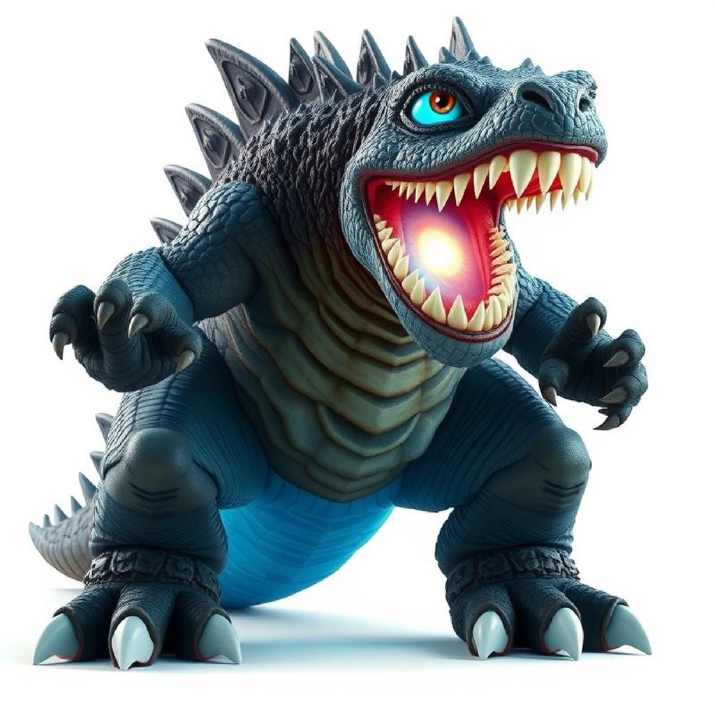 Godzilla toy figure with open mouth and sharp teeth