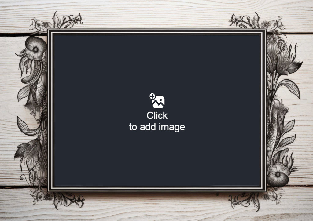 Black frame with floral designs on a wooden surface