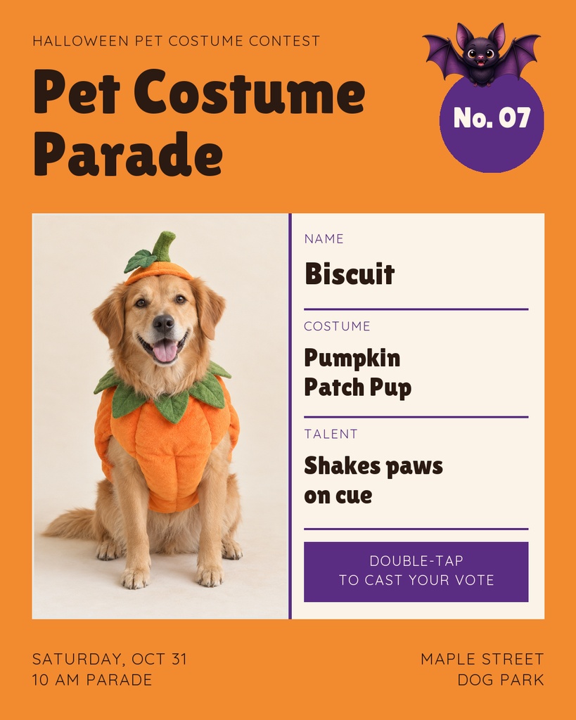 Halloween pet costume parade poster with a dog in a pumpkin outfit and event details.