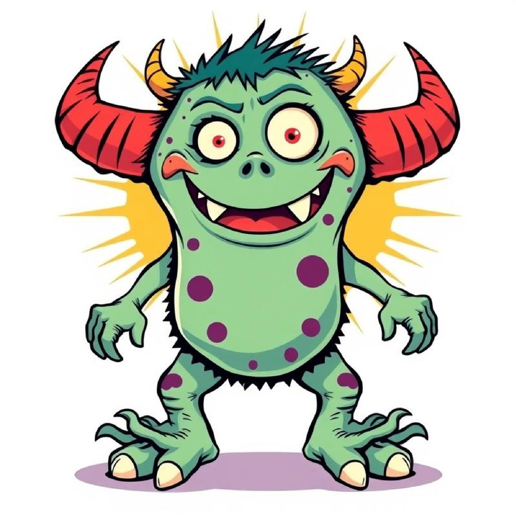A cartoon monster with green skin, red horns, and purple spots