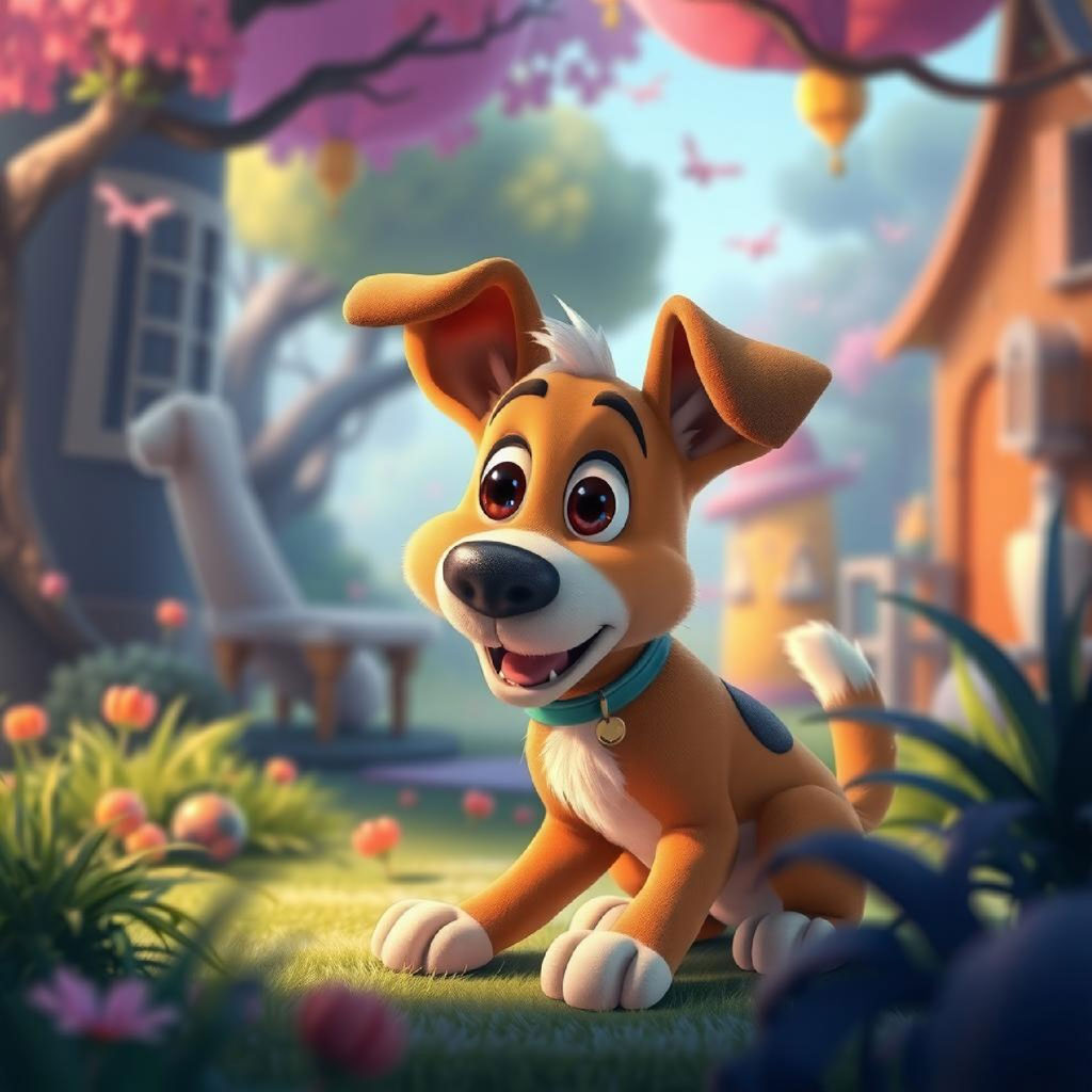 A smiling cartoon girl with a green dress and yellow backpack standing next to a white mouse in a colorful village.