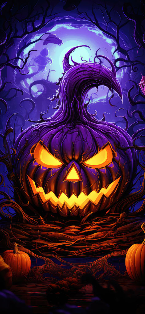 A purple jack-o'-lantern with glowing orange eyes and mouth, surrounded by twisted vines and smaller pumpkins.