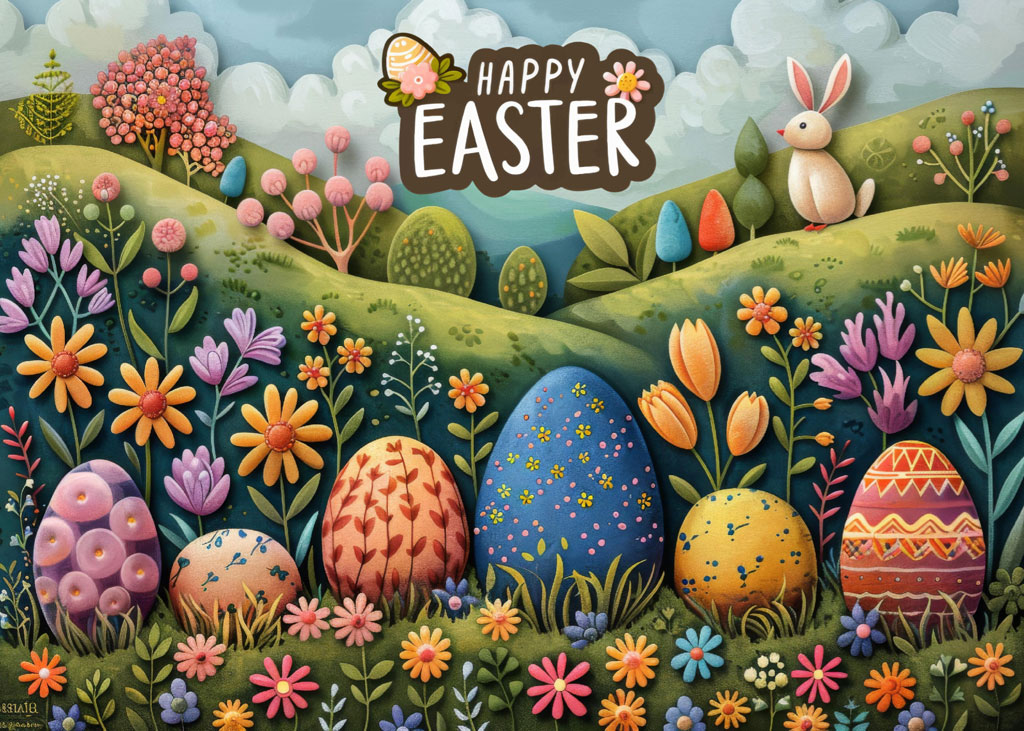 A cartoon Easter scene with eggs and a bunny among flowers