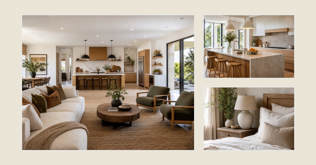 Three-panel real estate layout showing a bright living room, kitchen, and bedroom interior