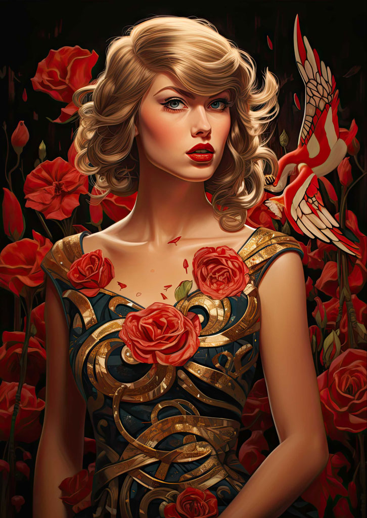 A woman with blonde hair and red lips is surrounded by red roses and a white and red bird.