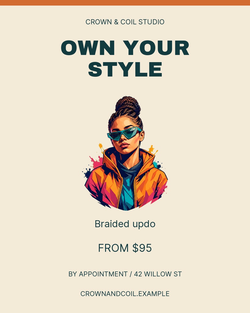 Portrait post design with a braided hairstyle illustration, salon title, price, and appointment details.